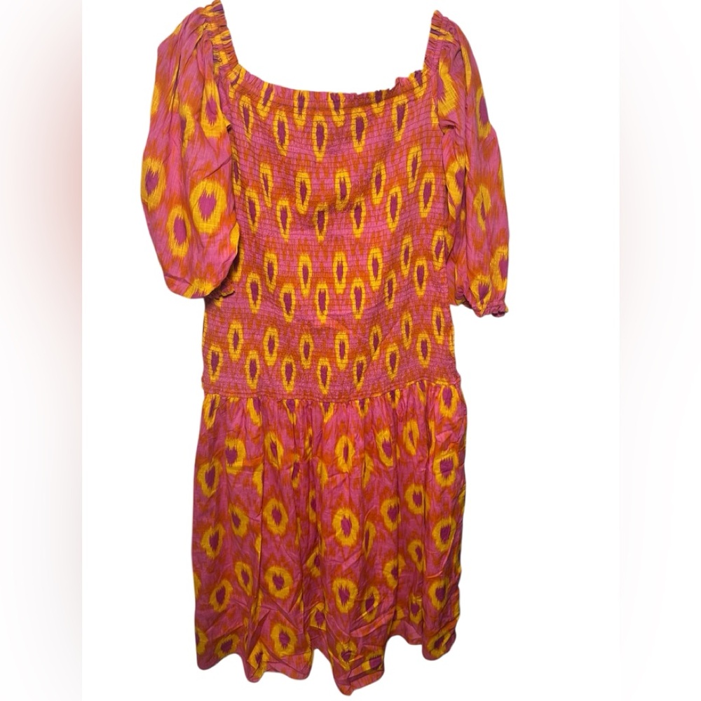 Zara Pink Orange Ikat Smocked Off Shoulder Puff Sleeve Midi Dress Womens XL